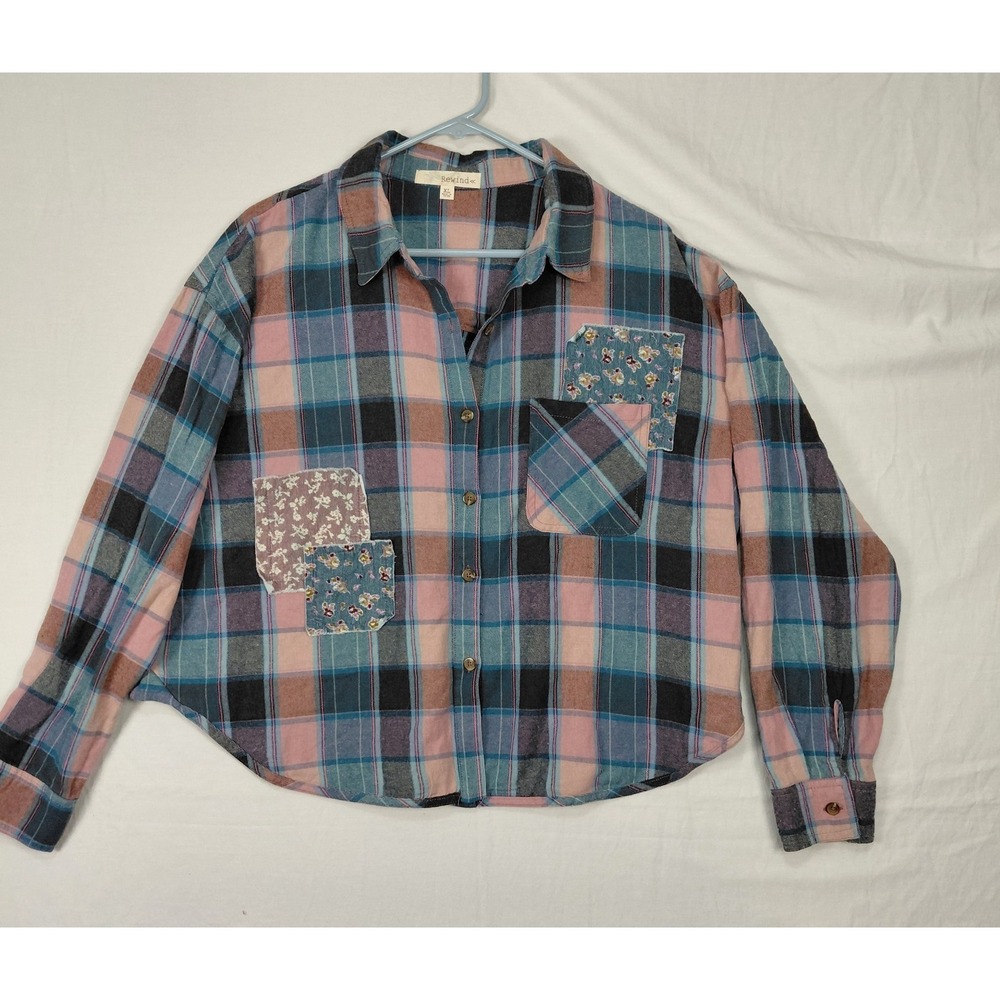 Women's XL Cropped Plaid Flannel Long Sleeve Patchwork‎ Raw Hem Country Western